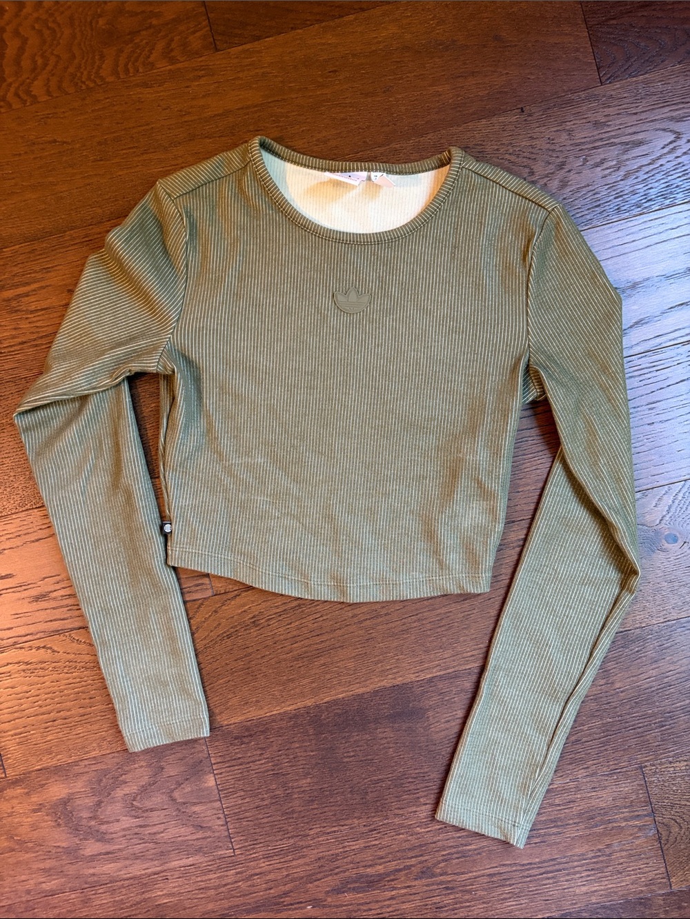 adidas Olive Ribbed Cropped Crewneck Top Long Sleeve XS